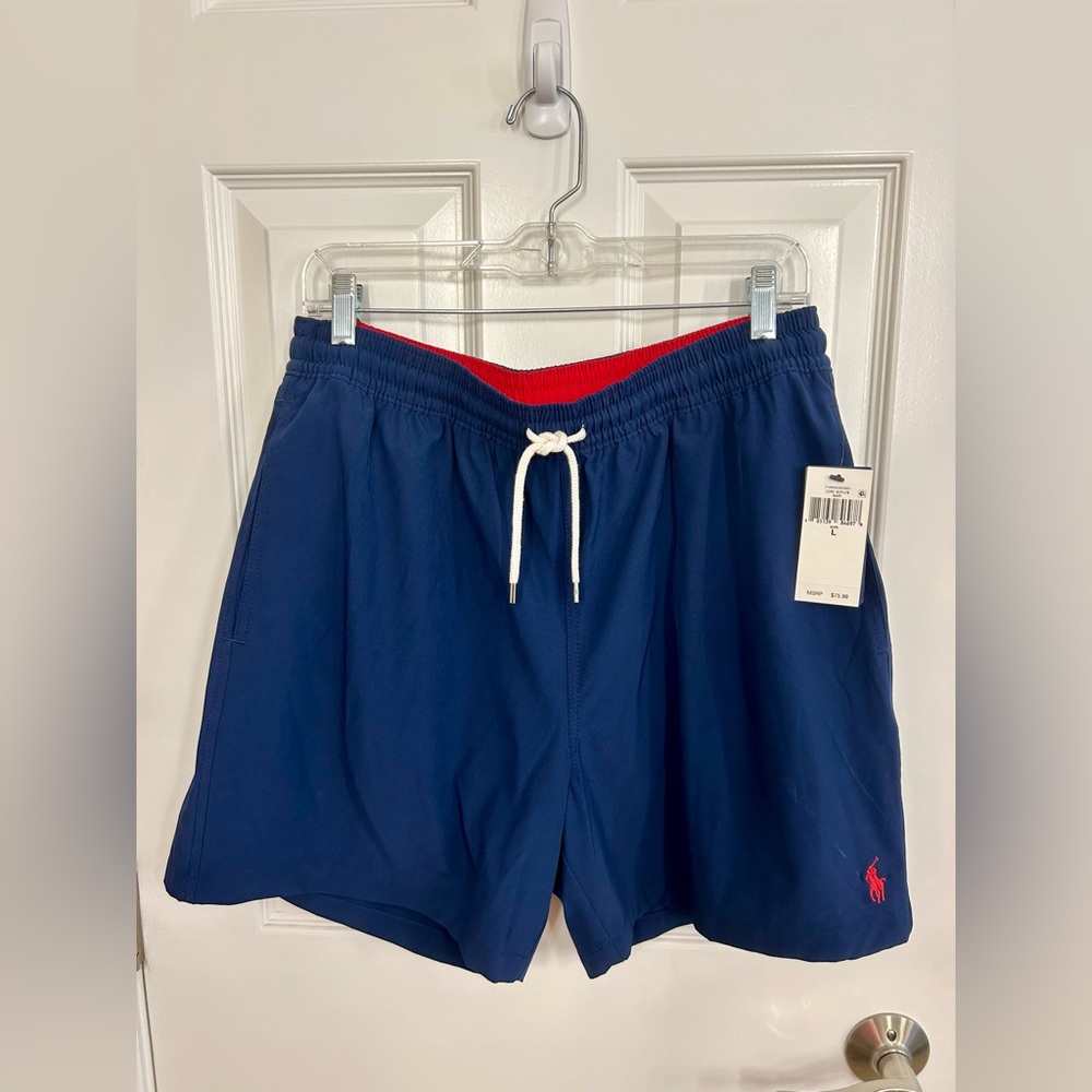 Polo Ralph Lauren Navy Blue Swim Trunks Shorts Red Pony Logo Large NWT